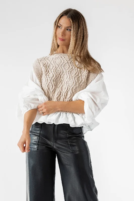 Plus Size Women's Embroidered Sweaters in Ethnic StylesReeve Taupe Sweater Poplin Top - Final Sale Plus Size Women's Embroidered Sweaters in Ethnic StylesReeve Taupe Sweater Poplin Top - Final Sale