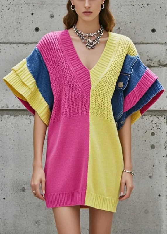 Plus Size Women's Side - Slit Sweaters in Bold SolidsRose Patchwork Knit Sweater V Neck Butterfly Sleeve Plus Size Women's Side - Slit Sweaters in Bold SolidsRose Patchwork Knit Sweater V Neck Butterfly Sleeve