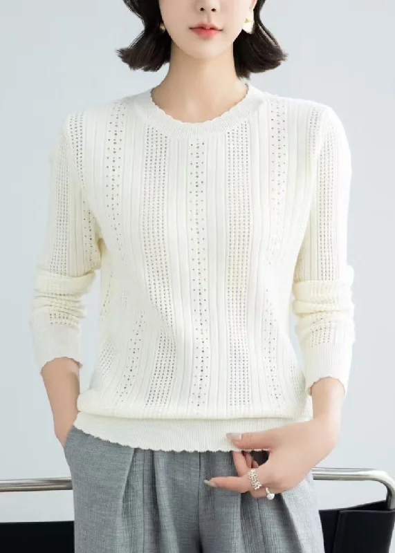 Button - Down Women's Shetland Wool Sweaters in Traditional PatternsSimple Beige O Neck Hollow Out Knit Sweater Fall Button - Down Women's Shetland Wool Sweaters in Traditional PatternsSimple Beige O Neck Hollow Out Knit Sweater Fall