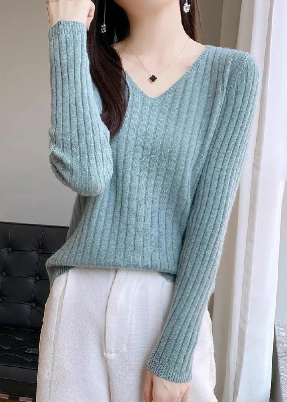 Simple Blue V Neck Solid Knit Sweaters Fall