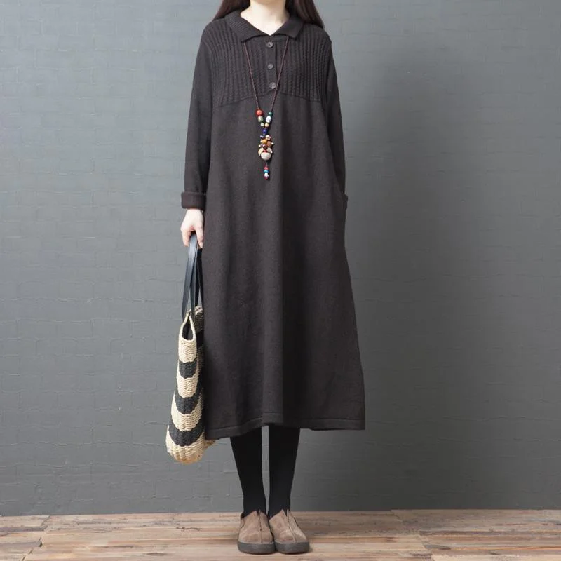 Simple lapel Button Sweater outfits chocolate Largo sweater dresses