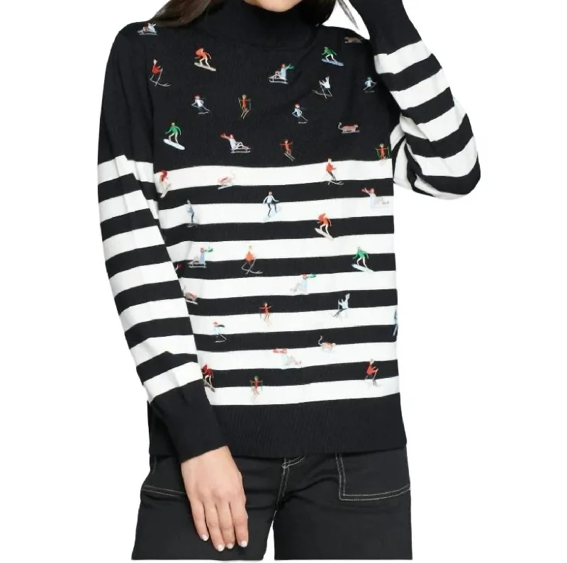 Skier Embroidered Pullover Sweater In Black & White