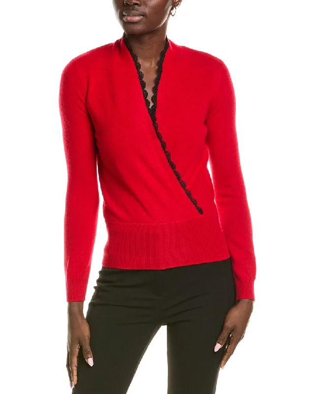 sofiacashmere Lace Trim Surplice Cashmere Sweater