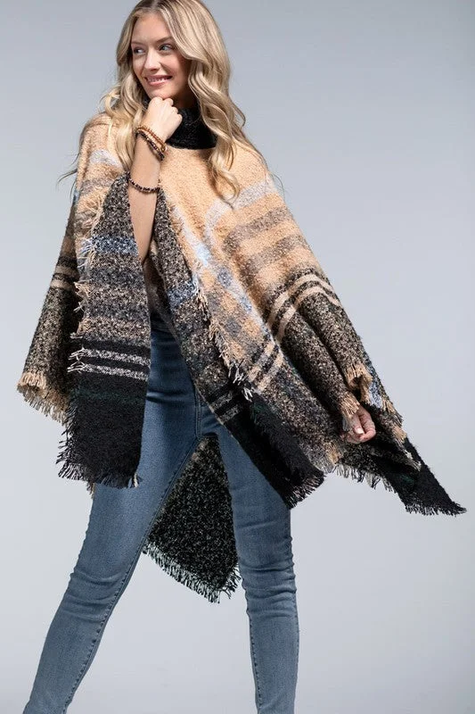 Split - Hem Women's Linen Blend Sweaters for SpringJaslyn Plaid Turtleneck Poncho