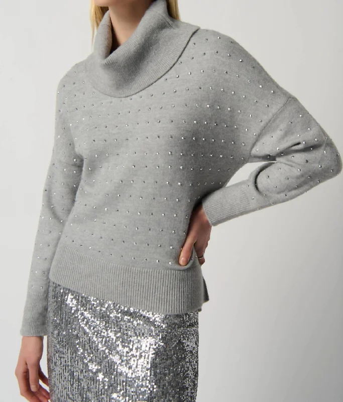 Studded Cowl Neck Sweater In Light Grey Melange