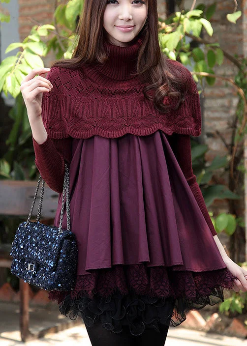 Mock Neck Women's Angora Blend Sweater Dresses in Solid ColorsStyle Purple Knit Patchwork Lace Winter Knit Dress Mock Neck Women's Angora Blend Sweater Dresses in Solid ColorsStyle Purple Knit Patchwork Lace Winter Knit Dress