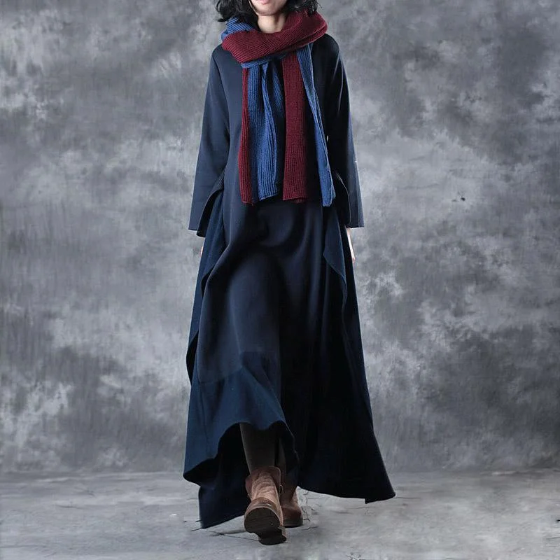 stylish dark blue patchwork sweater dress Loose fitting side open maxi dress caftans vintage asymmetrical spring dresses