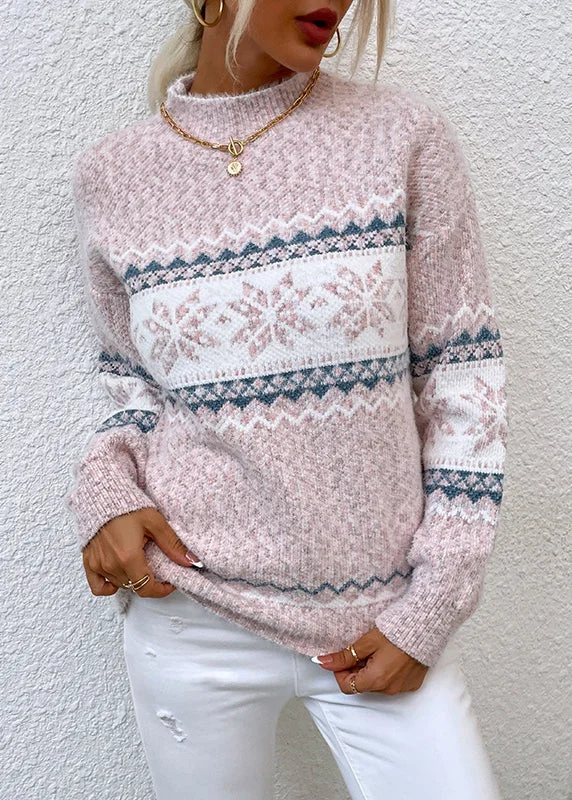 Hooded Women's Fleece - Lined Sweaters for WinterStylish Pink Half Hign Neck Jacquard Thick Knit Sweaters Fall Hooded Women's Fleece - Lined Sweaters for WinterStylish Pink Half Hign Neck Jacquard Thick Knit Sweaters Fall