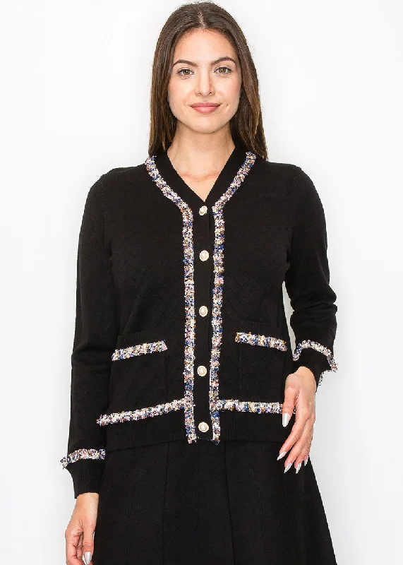 A - Line Women's Merino Wool Sweater Dresses in Classic StylesTextured Black Cardigan with Multi-Color Trim A - Line Women's Merino Wool Sweater Dresses in Classic StylesTextured Black Cardigan with Multi-Color Trim