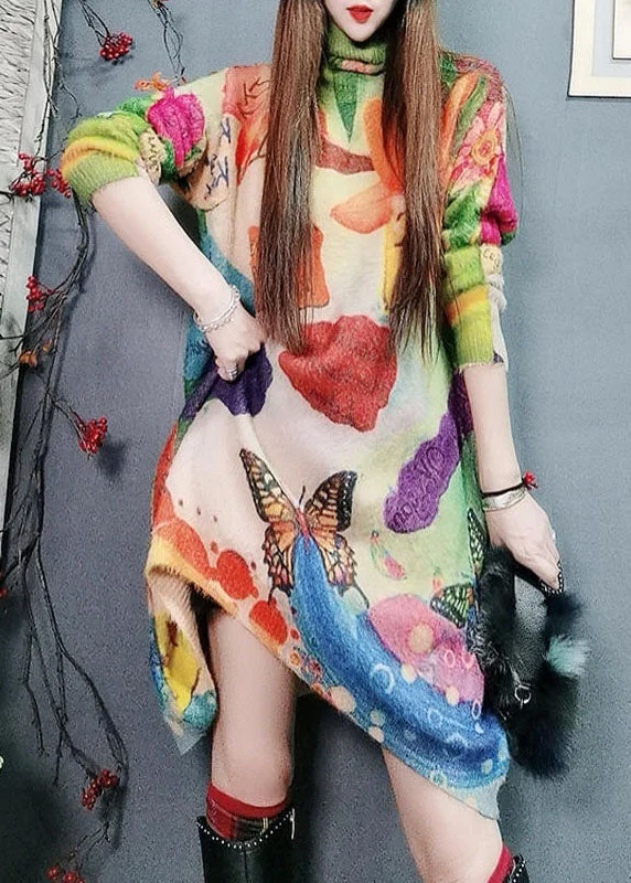 Knee - Length Women's Wool Blend Sweater Dresses in Neutral ColorsUnique asymmetrical design Print Knit dress Sweater Winter