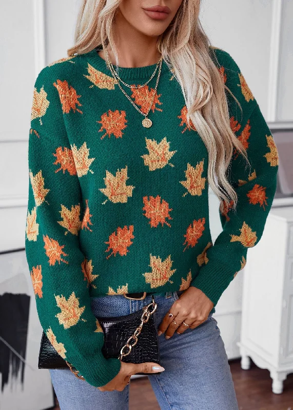 Sleeveless Women's Silk - Trimmed Sweaters for SummerUnique Green O Neck Jacquard Thick Knit Sweaters Fall
