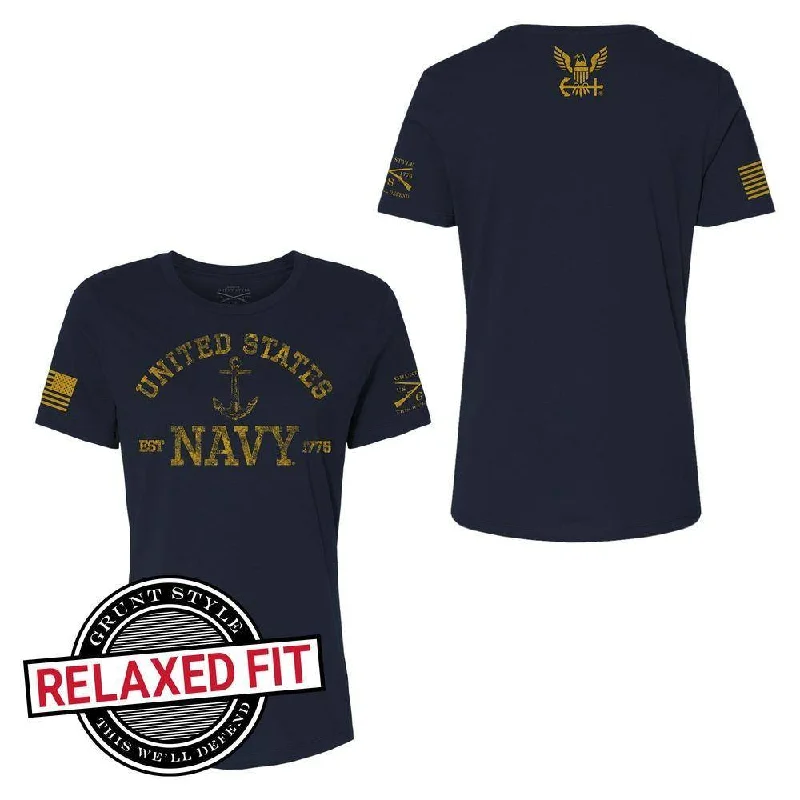 Distressed Women T Shirt with a Laid - Back AestheticUSN - Women's Est. 1775 Relaxed Fit T-Shirt - Navy Distressed Women T Shirt with a Laid - Back AestheticUSN - Women's Est. 1775 Relaxed Fit T-Shirt - Navy
