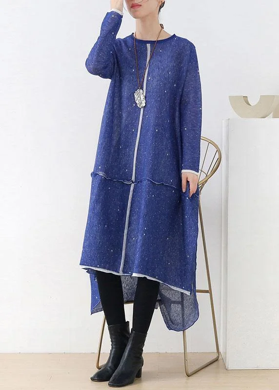 Plus Size Women's Open - Front Cardigan Style Sweater DressesWomen Blue O-Neck Pockets Fall Knit Dress Plus Size Women's Open - Front Cardigan Style Sweater DressesWomen Blue O-Neck Pockets Fall Knit Dress