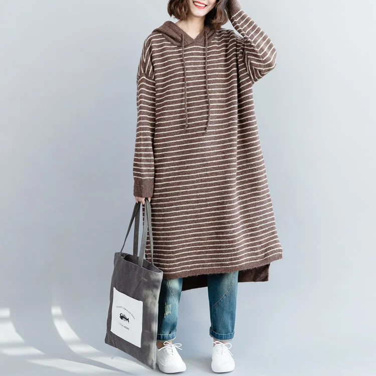 Women brown striped Sweater Aesthetic Quotes Funny hooded knitwear