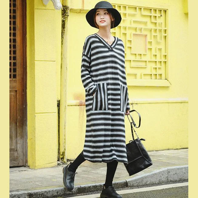 Women Fashion Gray Striped Loose Sweater Dresses For Winter