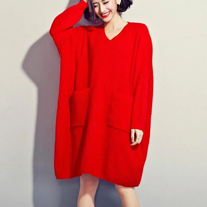 Mini - Length Women's Chunky Knit Sweater Dresses in Bold HuesWomen red Sweater dress outfit Quotes v neck DIY knitwear big pockets Mini - Length Women's Chunky Knit Sweater Dresses in Bold HuesWomen red Sweater dress outfit Quotes v neck DIY knitwear big pockets