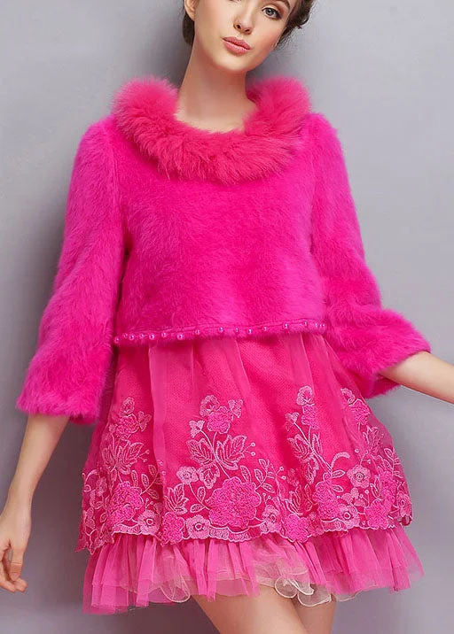 A - Line Women's Merino Wool Sweater Dresses in Classic StylesWomen Rose O-Neck Tulle Patchwork Winter Long sweaters Dress A - Line Women's Merino Wool Sweater Dresses in Classic StylesWomen Rose O-Neck Tulle Patchwork Winter Long sweaters Dress