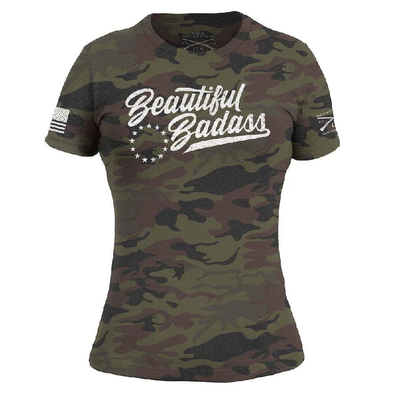 Long Sleeve Women T Shirt for Cooler WeatherWomen's Beautiful Badass T-Shirt - Woodland Camo Long Sleeve Women T Shirt for Cooler WeatherWomen's Beautiful Badass T-Shirt - Woodland Camo