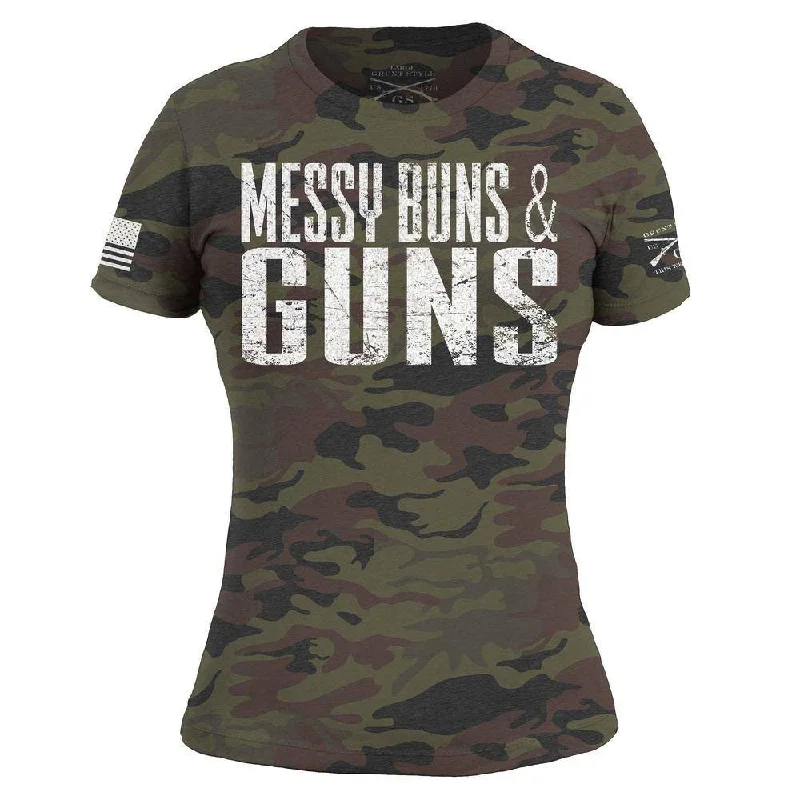 Embroidered Women T Shirt with Intricate DetailsWomen's Messy Buns & Guns T-Shirt - Woodland Camo Embroidered Women T Shirt with Intricate DetailsWomen's Messy Buns & Guns T-Shirt - Woodland Camo