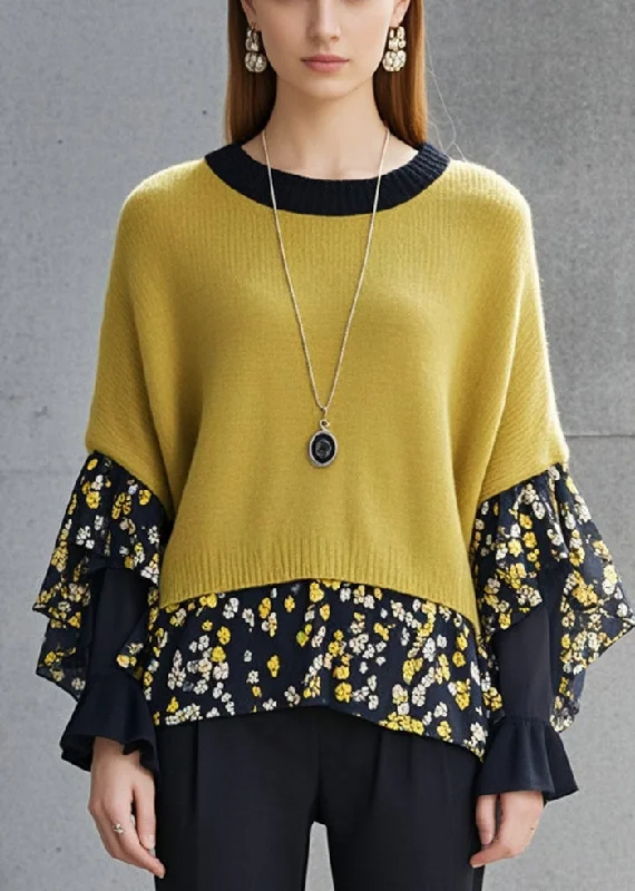 Plus Size Women's Embroidered Sweaters in Ethnic StylesYellow Patchwork Knit Sweaters Print Butterfly Sleeve Plus Size Women's Embroidered Sweaters in Ethnic StylesYellow Patchwork Knit Sweaters Print Butterfly Sleeve