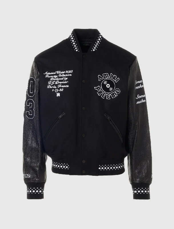 Women's bomber jackets with a holographic finish for a futuristic and eye - catching lookDJ PREEMO VARSITY JACKET Women's bomber jackets with a holographic finish for a futuristic and eye - catching lookDJ PREEMO VARSITY JACKET