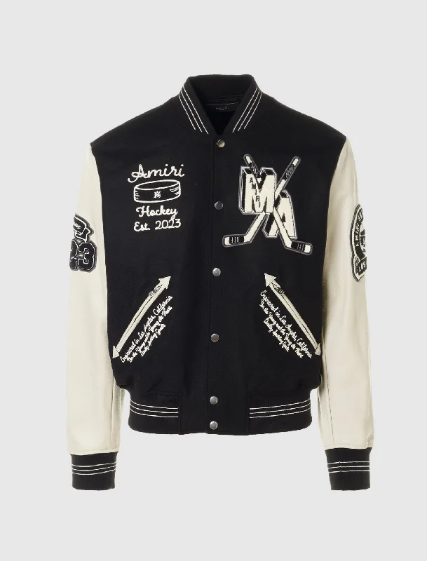 Women's cropped leather jackets with silver zippers for a punk - inspired outfitHOCKEY VARSITY BOMBER JACKET Women's cropped leather jackets with silver zippers for a punk - inspired outfitHOCKEY VARSITY BOMBER JACKET