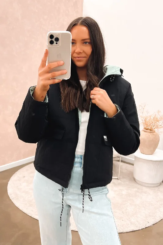 Women's denim jackets with a patchwork design for a bohemian and artsy styleAnywhere Puffer Black Women's denim jackets with a patchwork design for a bohemian and artsy styleAnywhere Puffer Black