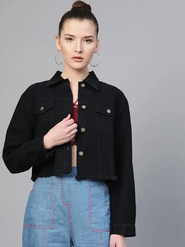 Women's moto jackets with a lace - up front for a unique and stylish touchBlack Denim Raw Edge Jacket Women's moto jackets with a lace - up front for a unique and stylish touchBlack Denim Raw Edge Jacket