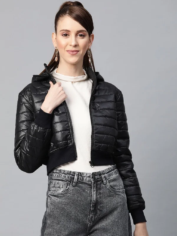 Women's cropped down jackets in bold colors for a sporty and fashionable winter outfitBlack Hooded Crop Bomber Puffer Jacket Women's cropped down jackets in bold colors for a sporty and fashionable winter outfitBlack Hooded Crop Bomber Puffer Jacket