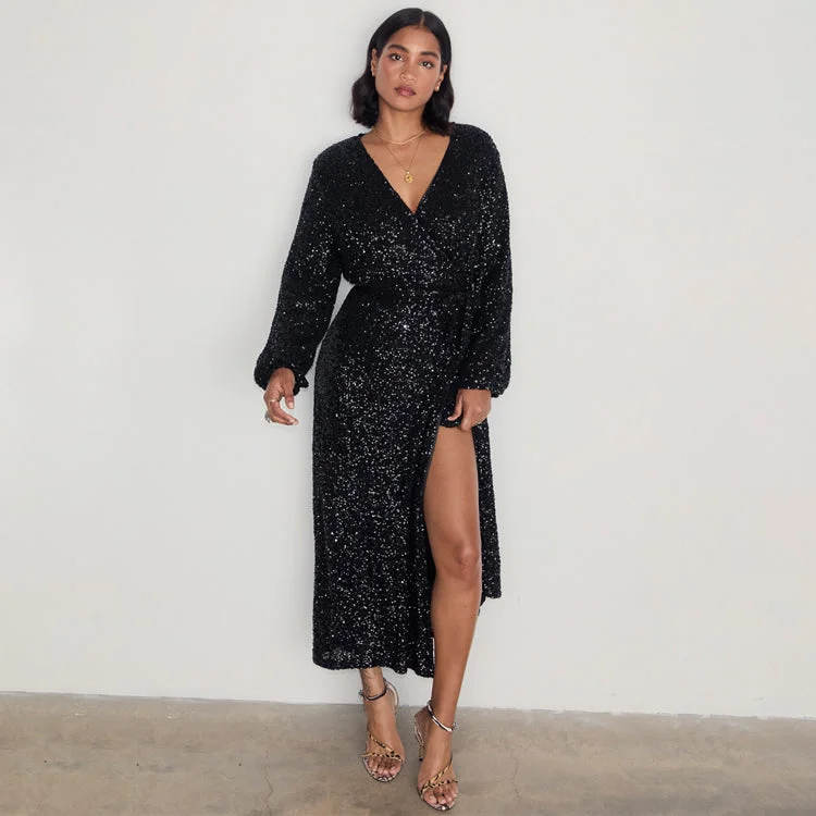 Black Sequin Kira Wrap Dress