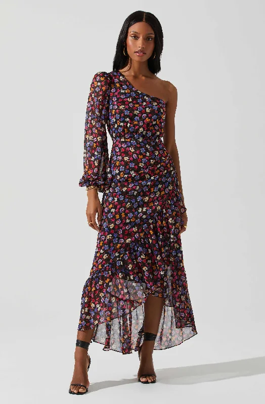 Pleated Women Dress with a Timeless and Elegant TextureCalista Floral One Shoulder Midi Dress Pleated Women Dress with a Timeless and Elegant TextureCalista Floral One Shoulder Midi Dress