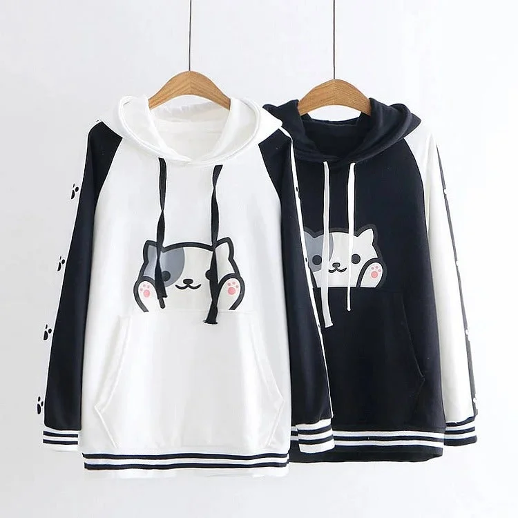 Cuddle-Worthy Comfort: Kawaii Cartoon Kitty Paw Print Hoodie - Snuggle Up in Style! ??