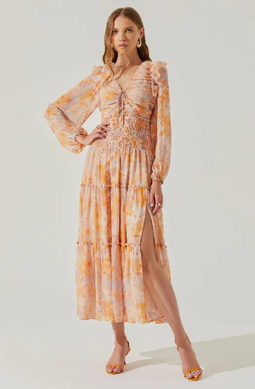 Ruffled Women Dress with Multiple Layers for a Playful and Girly StyleEloraina Floral Tiered Long Sleeve Midi Dess Ruffled Women Dress with Multiple Layers for a Playful and Girly StyleEloraina Floral Tiered Long Sleeve Midi Dess