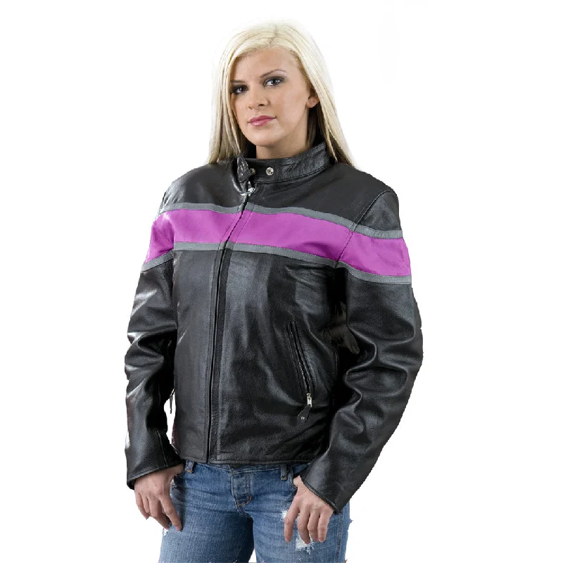 Genuine Leather EL7111 Ladies Black and Purple Racer Style Leather Jacket