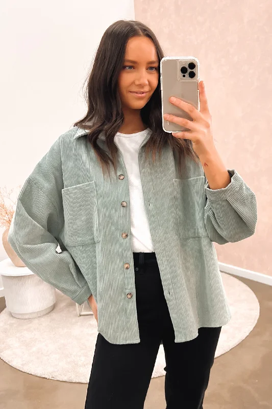 Women's cropped down jackets in bold colors for a sporty and fashionable winter outfitHayden Cord Shacket Sage