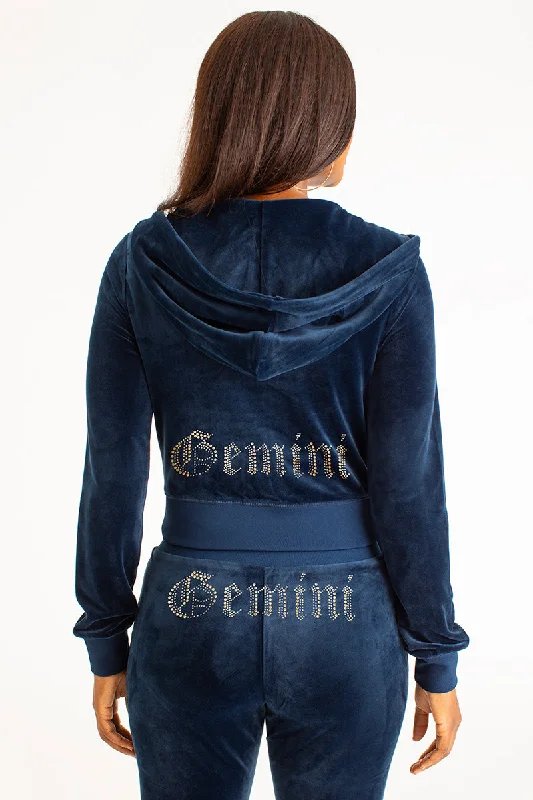 Women's long - sleeve cropped sweatshirt with ribbed cuffs for a snug fitGemini Big Bling Velour Hoodie Women's long - sleeve cropped sweatshirt with ribbed cuffs for a snug fitGemini Big Bling Velour Hoodie