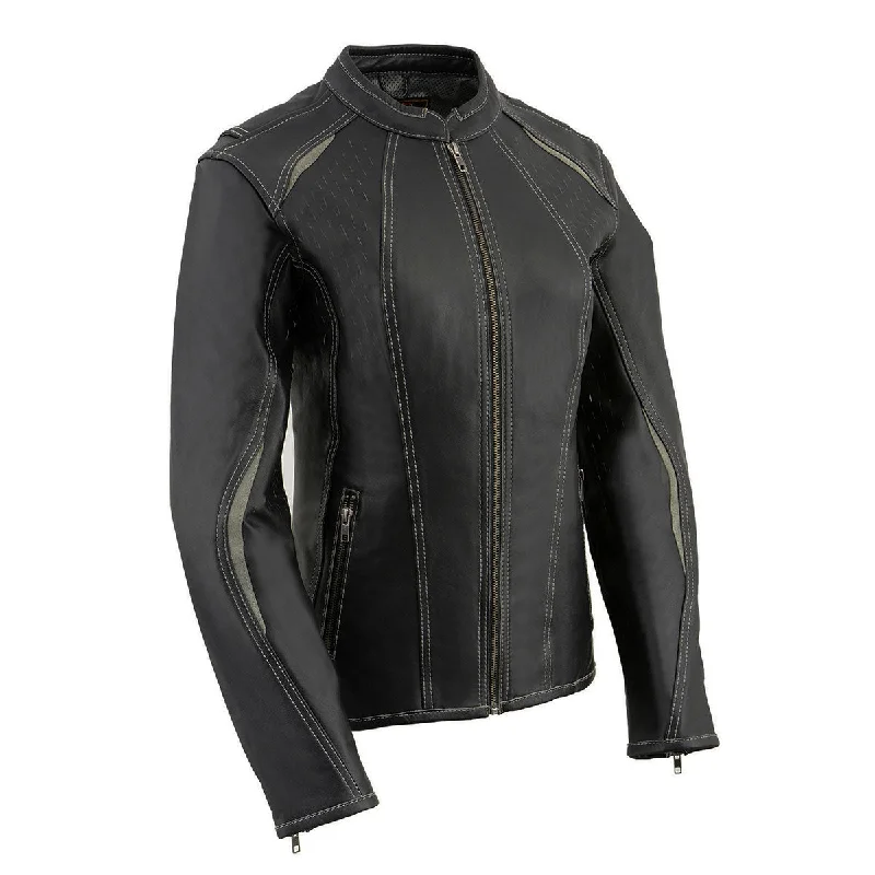 Women's cropped leather jackets with a fringe detail for a western - inspired outfitMilwaukee Leather MLL2502 Women's 'Laser Cut' Distressed Black and Grey Scuba Style Racer Jacket Women's cropped leather jackets with a fringe detail for a western - inspired outfitMilwaukee Leather MLL2502 Women's 'Laser Cut' Distressed Black and Grey Scuba Style Racer Jacket