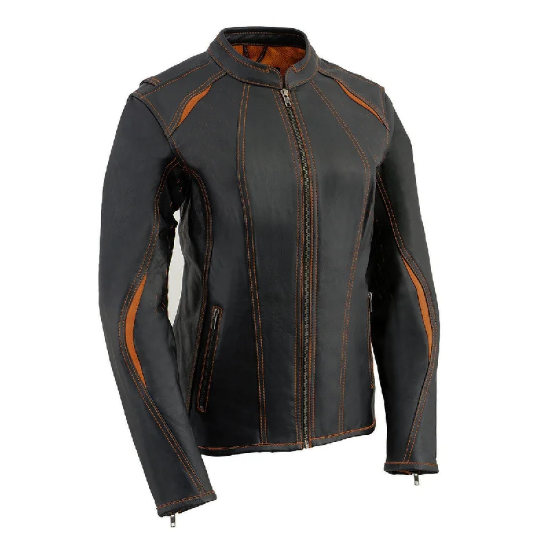 Women's bomber jackets with floral embroidery for a feminine and unique designMilwaukee Leather MLL2502 Women's 'Laser Cut' Distressed Black and Orange Scuba Style Racer Jacket Women's bomber jackets with floral embroidery for a feminine and unique designMilwaukee Leather MLL2502 Women's 'Laser Cut' Distressed Black and Orange Scuba Style Racer Jacket