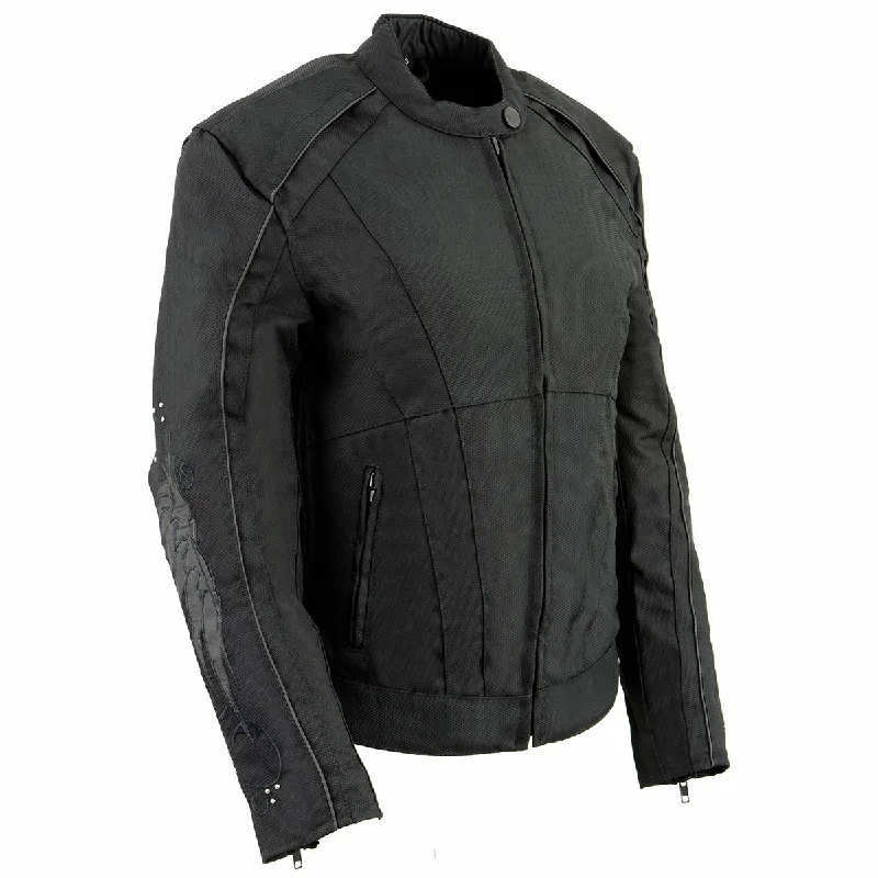 Women's long - length wool blend jackets for a warm and stylish winter lookMilwaukee Leather SH1954 Women's Black Textile Jacket with Stud and Wings Detailing Women's long - length wool blend jackets for a warm and stylish winter lookMilwaukee Leather SH1954 Women's Black Textile Jacket with Stud and Wings Detailing