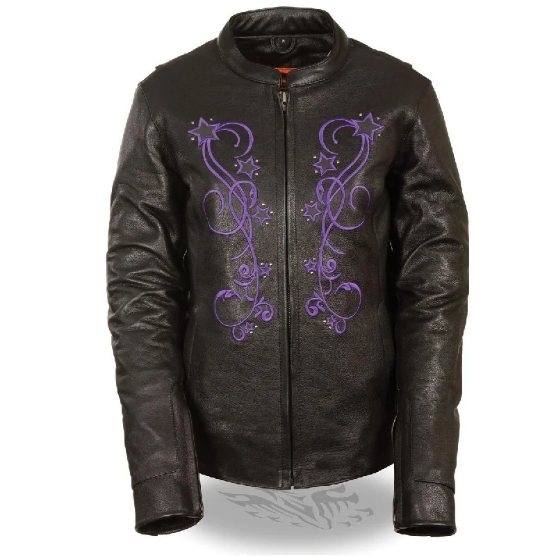 Women's military - style jackets with epaulets for a tough and fashionable appearanceMilwaukee ML2500 Women's Reflective Star Riveted Black and Purple Leather Jacket Women's military - style jackets with epaulets for a tough and fashionable appearanceMilwaukee ML2500 Women's Reflective Star Riveted Black and Purple Leather Jacket