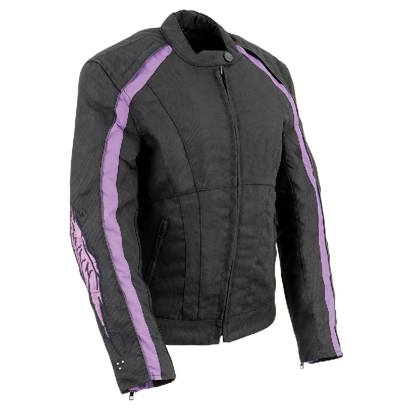 Women's denim jackets with distressed details for a casual and edgy lookMilwaukee Leather MPL1954 Women's 'Studded Wings' Black and Purple Textile Moto Jacket Women's denim jackets with distressed details for a casual and edgy lookMilwaukee Leather MPL1954 Women's 'Studded Wings' Black and Purple Textile Moto Jacket