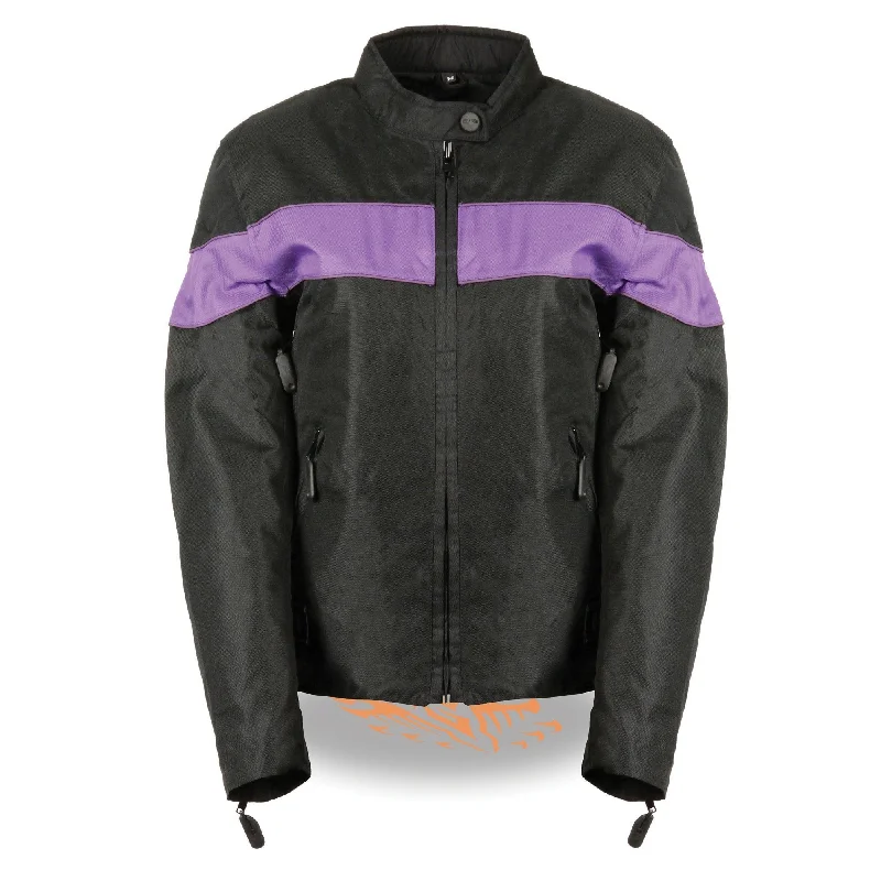 Women's quilted puffer jackets in a cropped silhouette for a modern twistMilwaukee Leather SH2261 Women's Black and Purple Textile Lightweight Motorcycle Jacket with Reflective Piping Women's quilted puffer jackets in a cropped silhouette for a modern twistMilwaukee Leather SH2261 Women's Black and Purple Textile Lightweight Motorcycle Jacket with Reflective Piping
