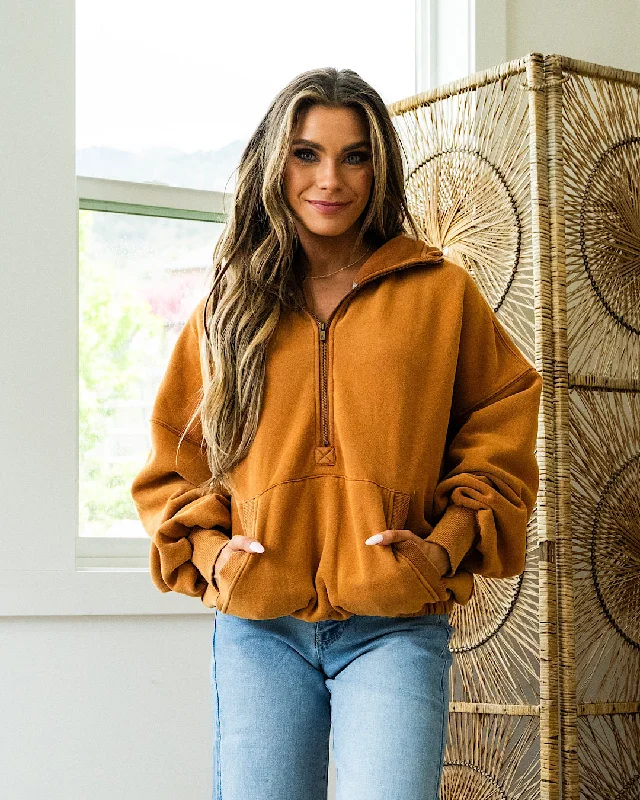 Women's mock - neck sweatshirt made of moisture - wicking material for fitness useAmpersand Ave Oversized HalfZip Sweatshirt - Maple Women's mock - neck sweatshirt made of moisture - wicking material for fitness useAmpersand Ave Oversized HalfZip Sweatshirt - Maple