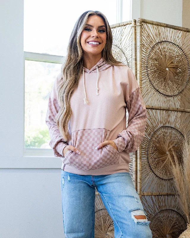 Women's zip - front sweatshirt with contrast stitching for a sporty aestheticAmpersand Ave Performance Fleece University Hoodie - Checked Out Pink Women's zip - front sweatshirt with contrast stitching for a sporty aestheticAmpersand Ave Performance Fleece University Hoodie - Checked Out Pink