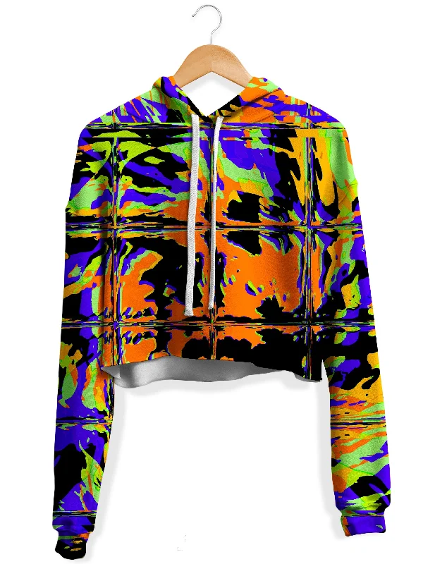 Orange Violet Rave Glitch Fleece Crop Hoodie