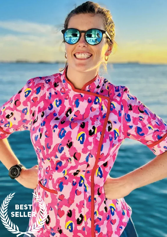 Women's cropped down jackets in bold colors for a sporty and fashionable winter outfitPink Panther Women's Fitted Chef Jacket