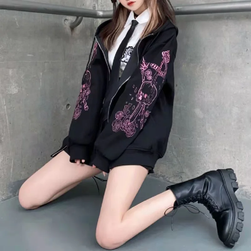 Rebel Radiance: Punk Gothic Anime Skull Street Hoodie - Defy Conventions in Black! ??