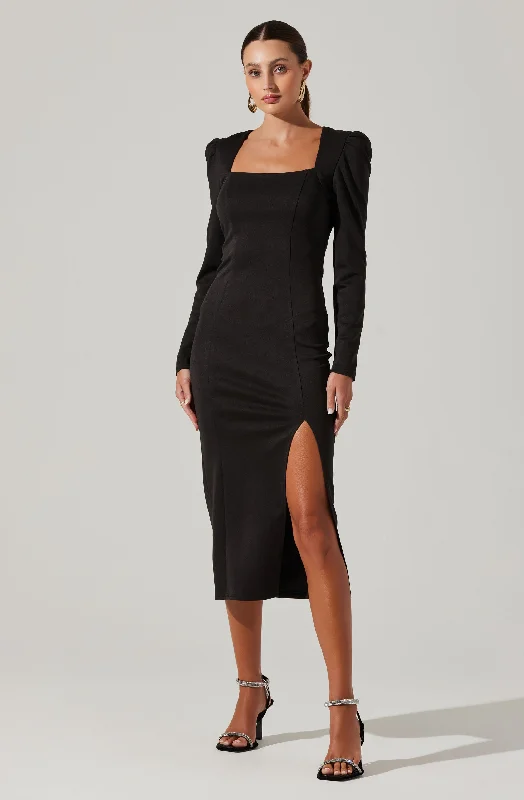 Long - Sleeve Women Dress in Velvet for a Luxurious Winter LookSquare Neck Cutout Midi Dress
