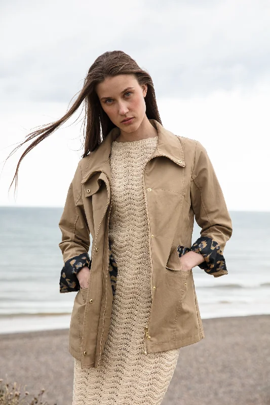 Women's bomber jackets with floral embroidery for a feminine and unique designSundowner Jacket in Sand with Leopard Lining Women's bomber jackets with floral embroidery for a feminine and unique designSundowner Jacket in Sand with Leopard Lining