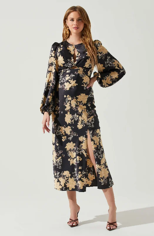Empire Waist Women Dress to Accentuate the Bust and Conceal the WaistSuzy Floral Satin Front Cutout Midi Dress Empire Waist Women Dress to Accentuate the Bust and Conceal the WaistSuzy Floral Satin Front Cutout Midi Dress